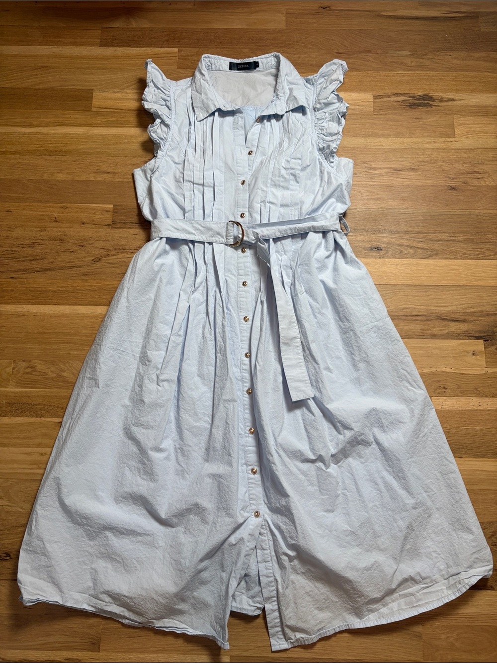 Zesica Light Blue Belted Midi Buttoned Shirt Dress with Ruffle Sleeves Women’s L